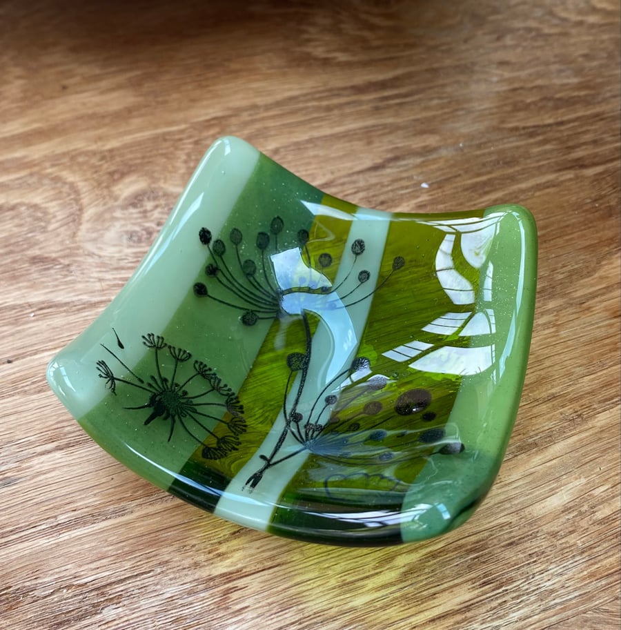 Fused glass striped green trinket dish 