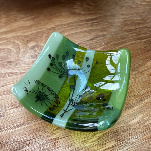Fused glass striped green trinket dish 