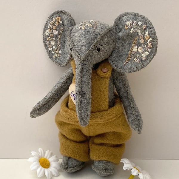 Elephant, hand sewn and embroidered elephant, collectable dressed artist bear