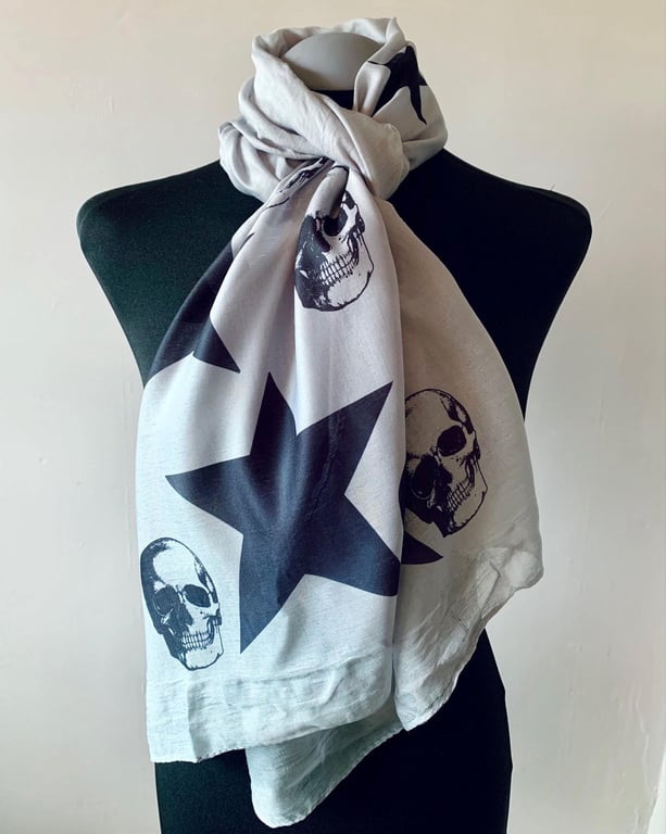 Skulls and Stars Scarf Gothic Punk Fashion Accessory. Grey. Lightweight