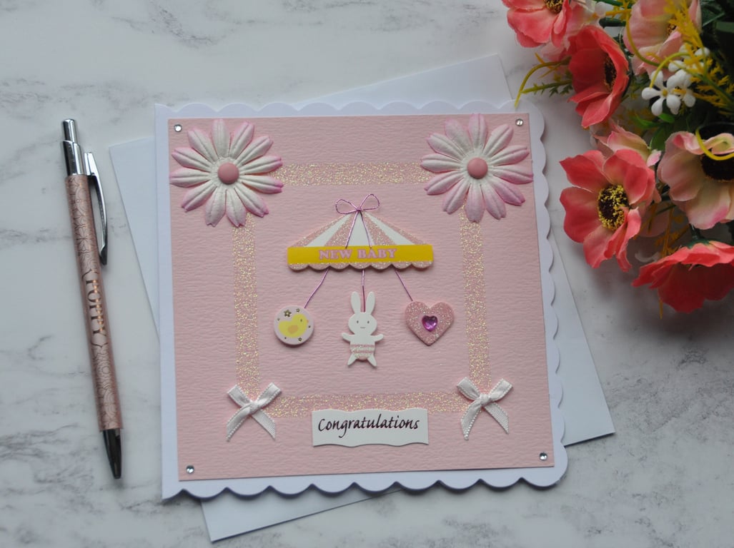 New Baby Girl Card Mobile Rabbit Duck Heart Glitter 3D Luxury Handmade