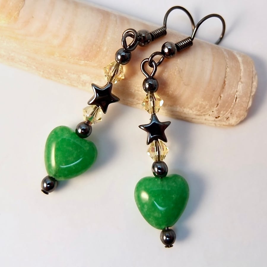 Jade Heart Earrings With Hematite And Swarovski Crystals - Handmade In Devon