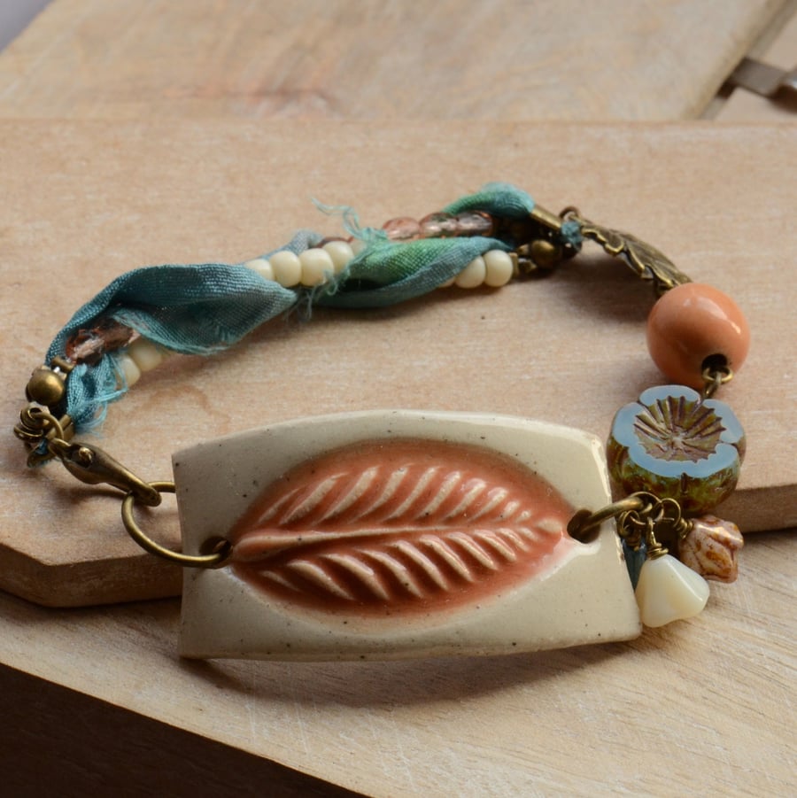 Ceramic Cream Orange Leaf Bracelet with Blue and Peach Beads and Ribbon