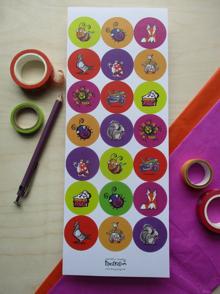 Sticker Sheet - round 35mm stickers - assorted random colourful designs