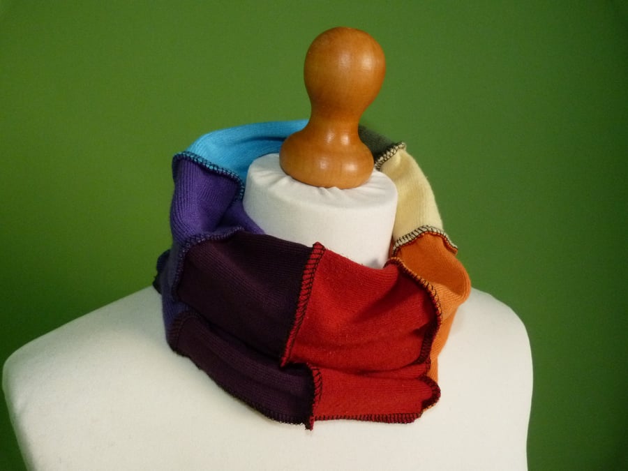 Upcycled Rainbow Cowl Neck Warmer Scarf
