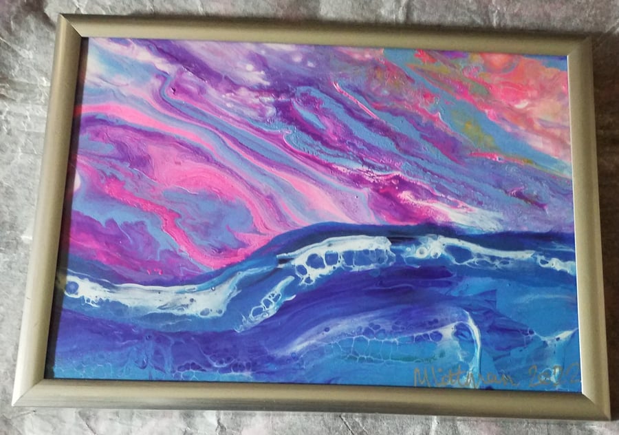 Acrylic pouring beautiful seascape art in 7.5 x 5 inch silver frame