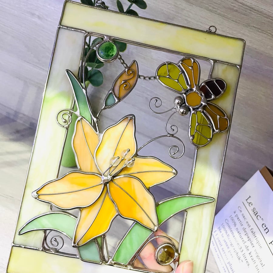 Vibrant Bee and Flower Rectangle Glass Art Pendant - Handcrafted Nature 