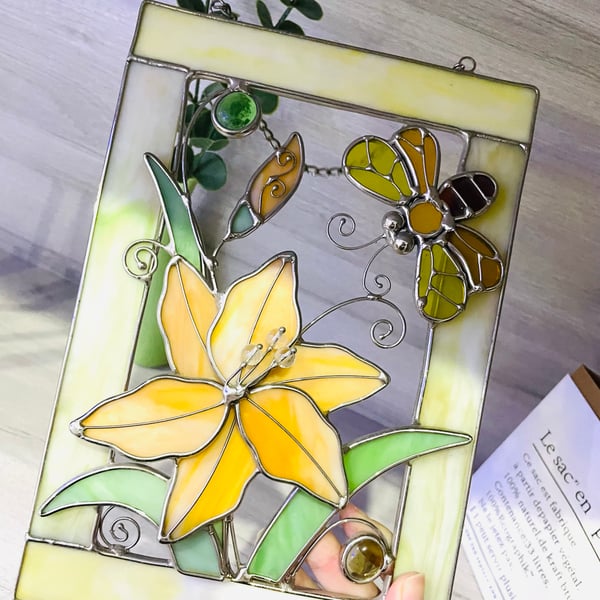 Vibrant Bee and Flower Rectangle Glass Art Pendant - Handcrafted Nature 