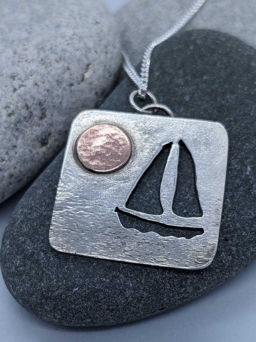 Silver sailing boat pendant, Handmade sterling silver unique nautical pendant, C