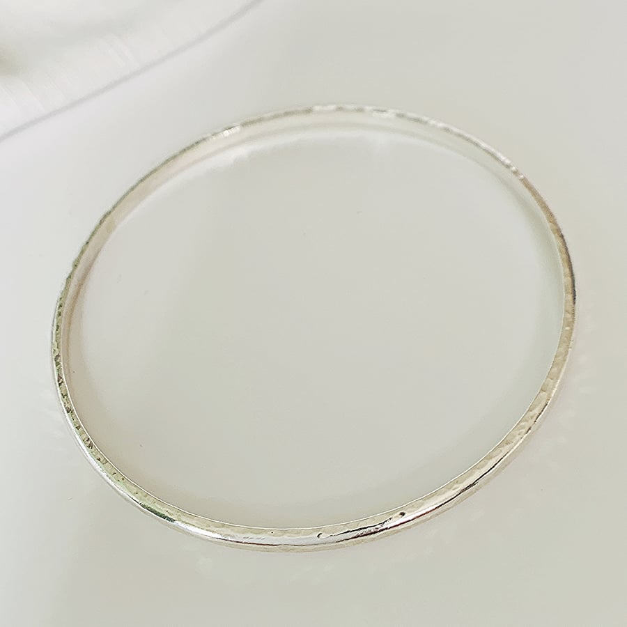 Eco Sterling Silver Hammered Bangle - D Shaped Wire