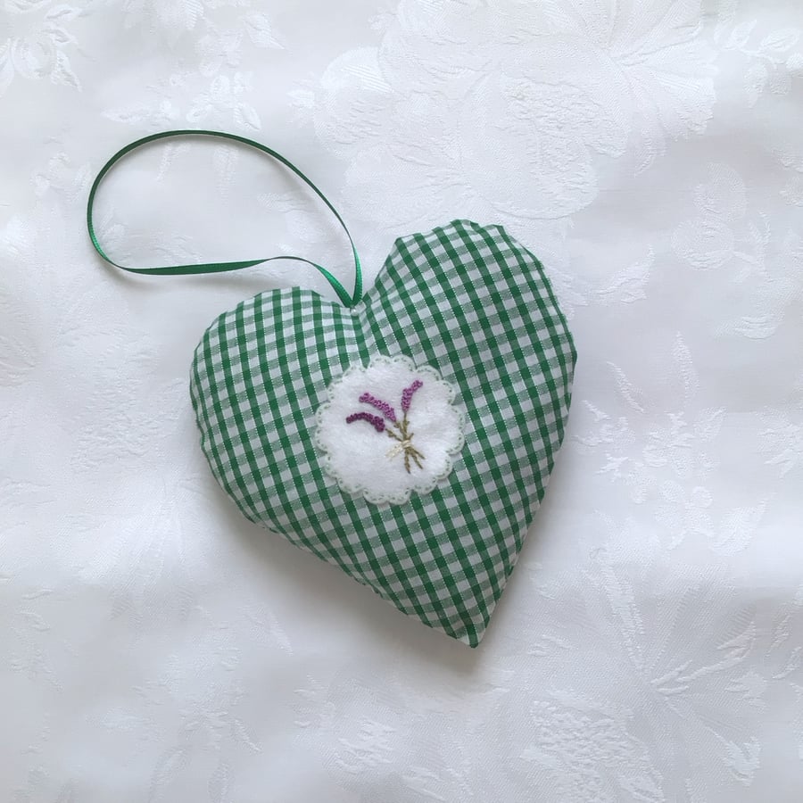 Green, gingham, hanging heart, decoration, hand embroidered, lavender, thank you