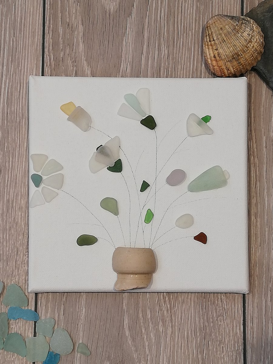 Cornish seaglass flowers in a seawashed pottery pot picture 