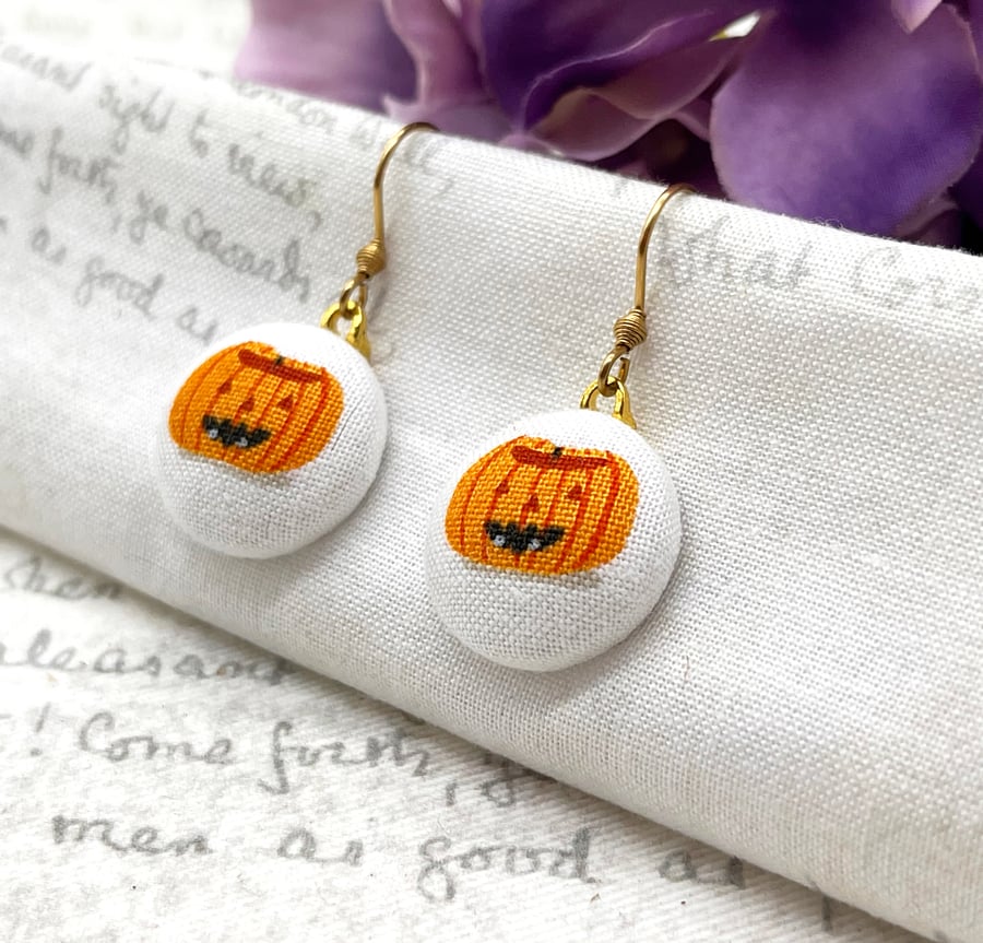Pumpkin Halloween fabric button dangle earrings 