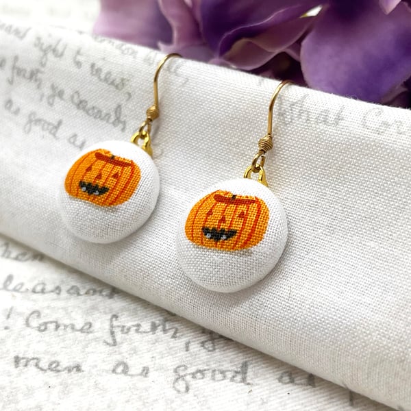 Pumpkin Halloween fabric button dangle earrings 