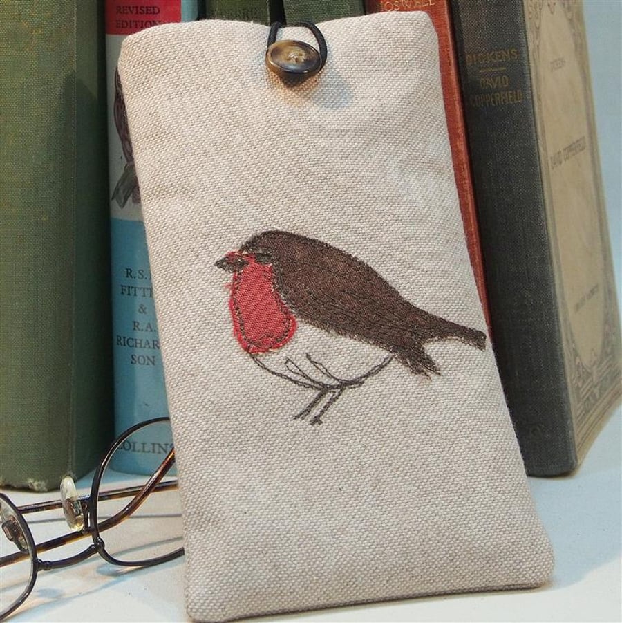 Glasses Case Robin Design Freehand Machine Embroidered  in Linen Look Cotton