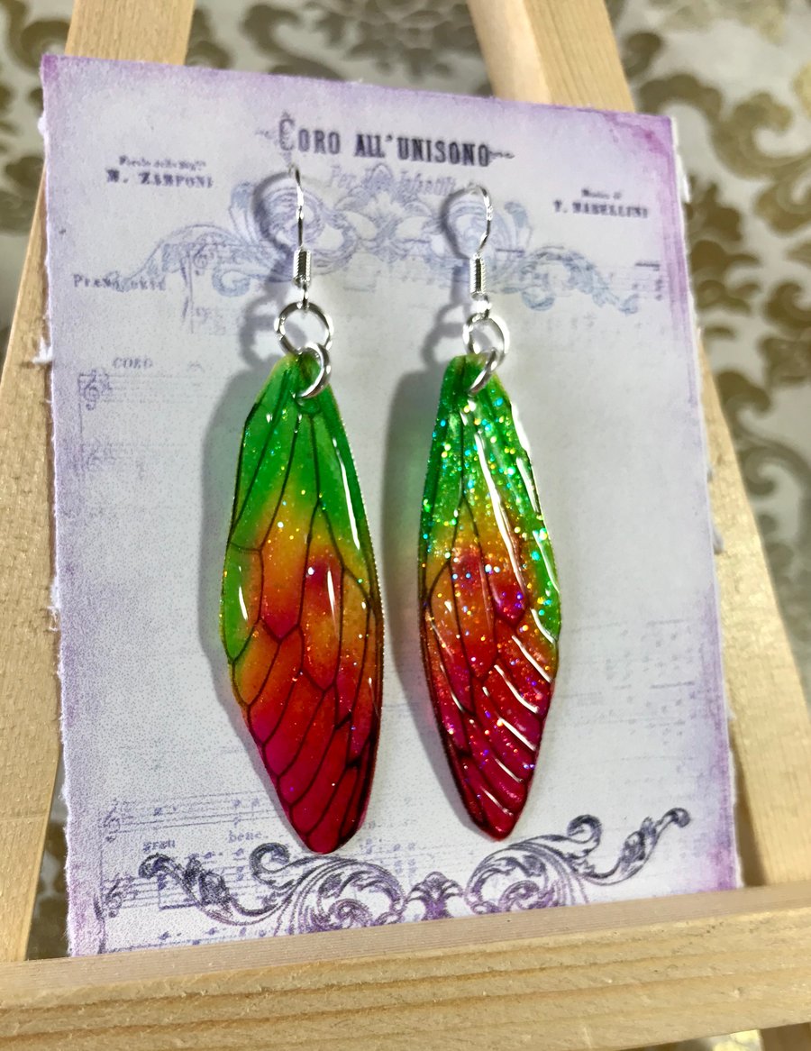 Green, Orange, Yellow and Pink Fairy Wing Sterling Silver Earrings
