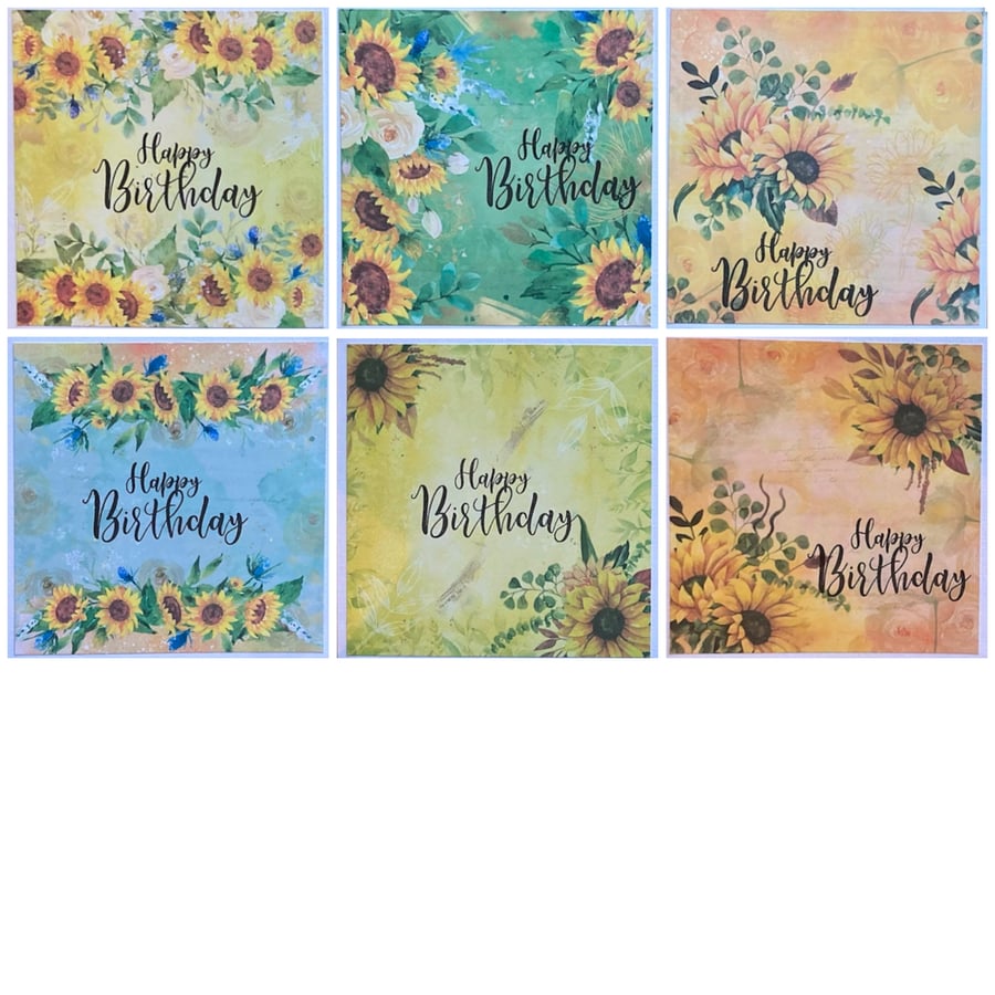 Pack of Six Birthday Cards. Set of Sunflower Birthday Cards.