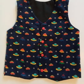 Waistcoat, Age 4 yrs, boys waistcoat, spaceship design, spaceships, UFO, stars