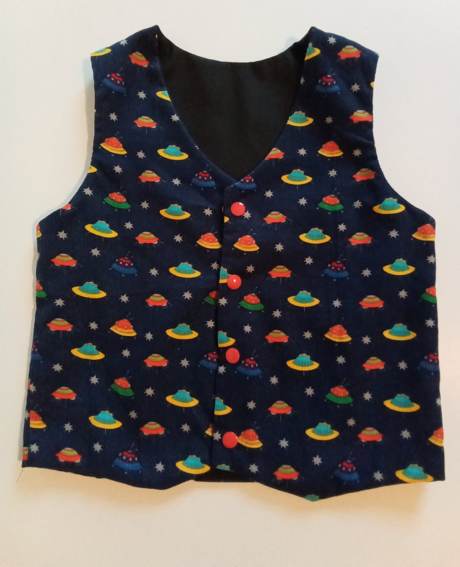 Waistcoat, Age 4 yrs, boys waistcoat, spaceship design, spaceships, UFO, stars