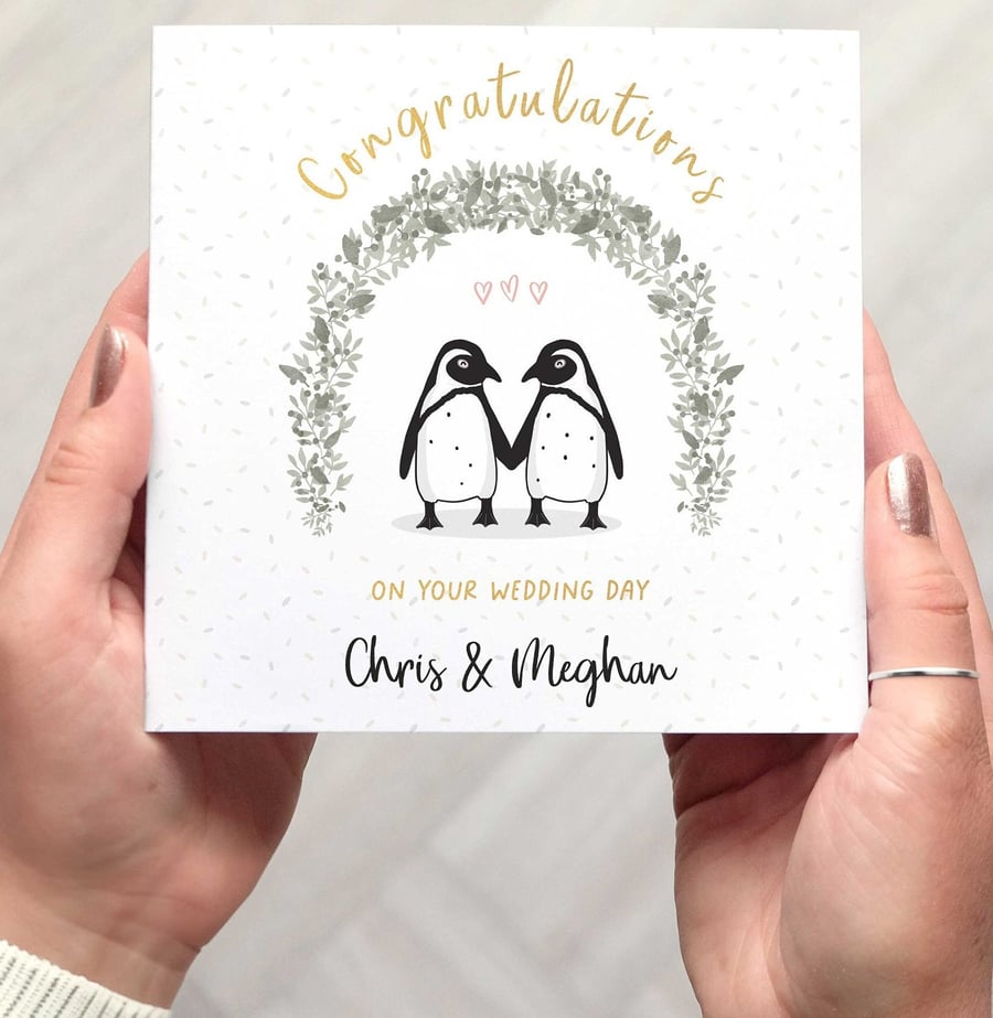 Cute Penguin Personalised Wedding Card, the perfect card for newlyweds