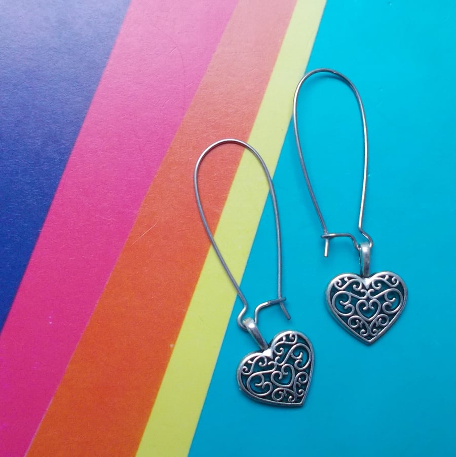 Filigree Silver Heart Hoop and Hook Earrings