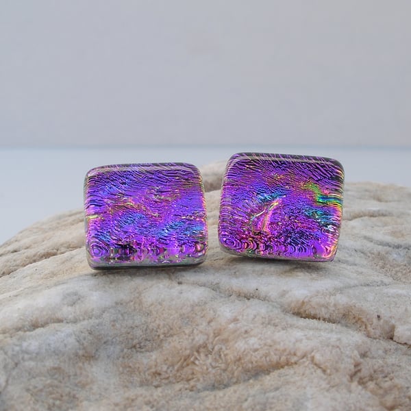 Granite fused glass stud earrings, medium