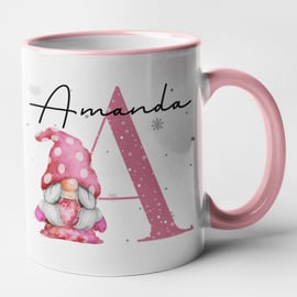 Personalised Femaie Gonk Pink Initial and Name Christmas Mug