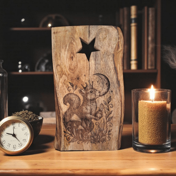 Live Edge Mango Wood Board – Mystical Squirrel with Crown & Moon Design 