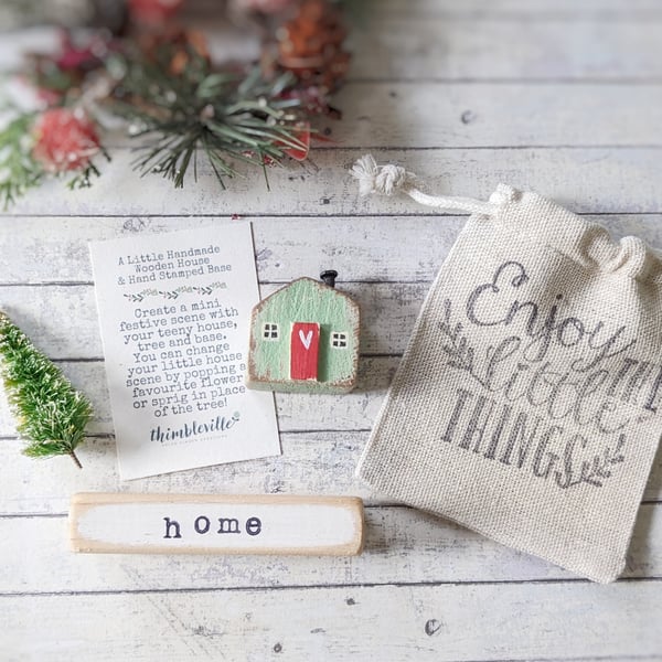 Little Wooden Handmade House in a Bag with Christmas Tree 'Home' 