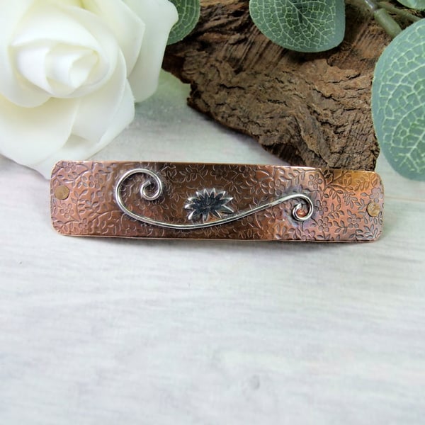 Hair Barrette, Copper Hair Clip with Scroll and Flower