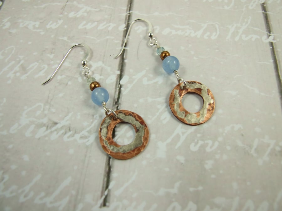 Earrings, Sterling Silver, Aquamarine and Silver Accent Copper Washers