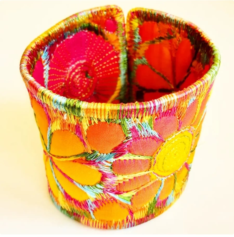 Cuff - Fabric Bracelet with Free Machine Embroidery 