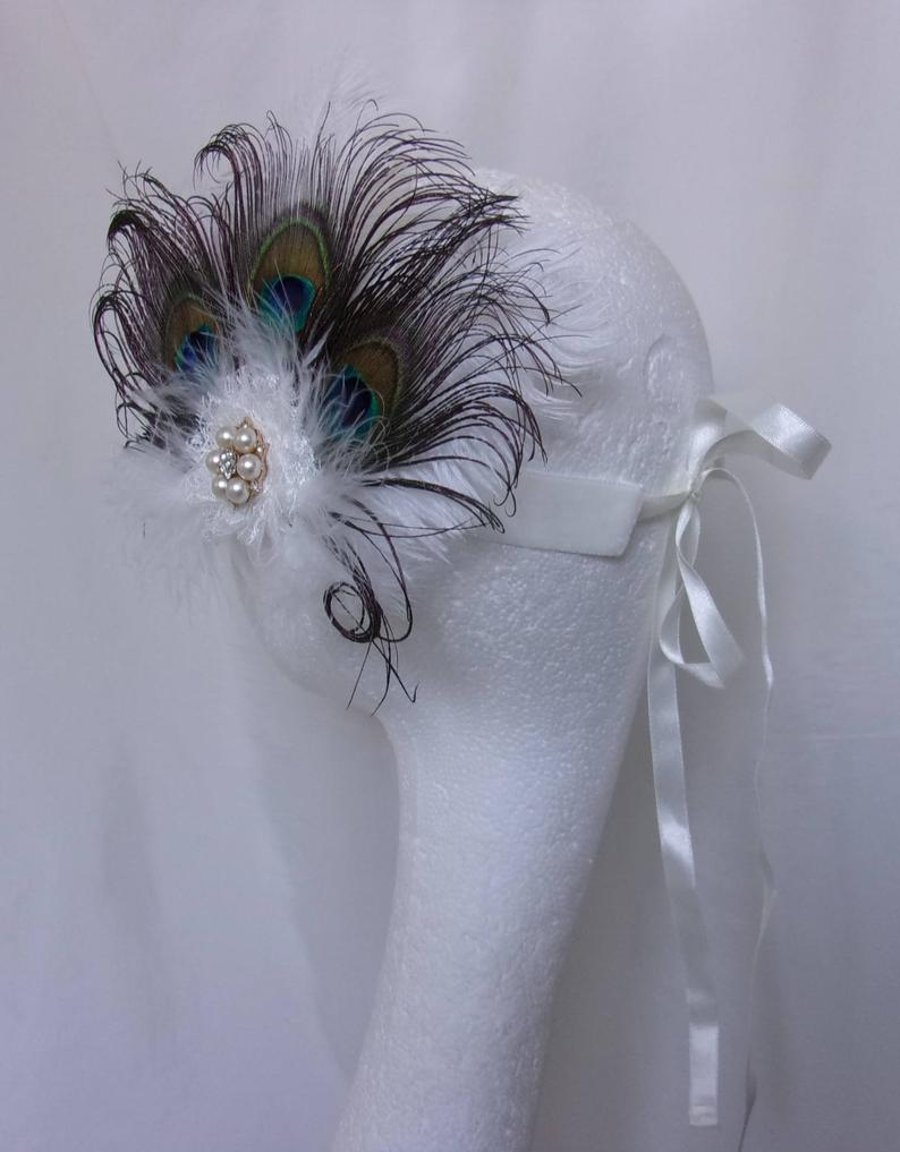 Ivory Vintage Style Peacock Feather Bridal Wedding Fascinator Hair Clip 