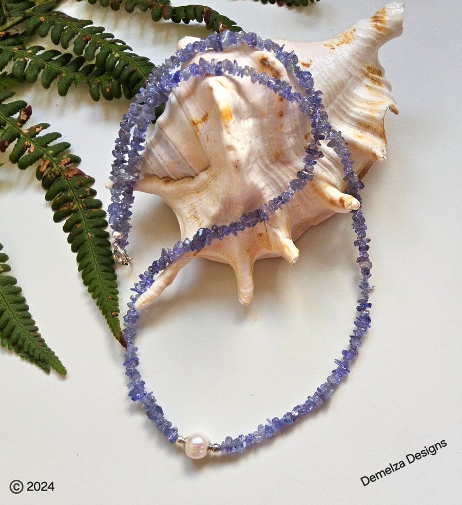 Designer A Grade Tanzanite Nugget & Freshwater Pearl Sterling Silver Necklace