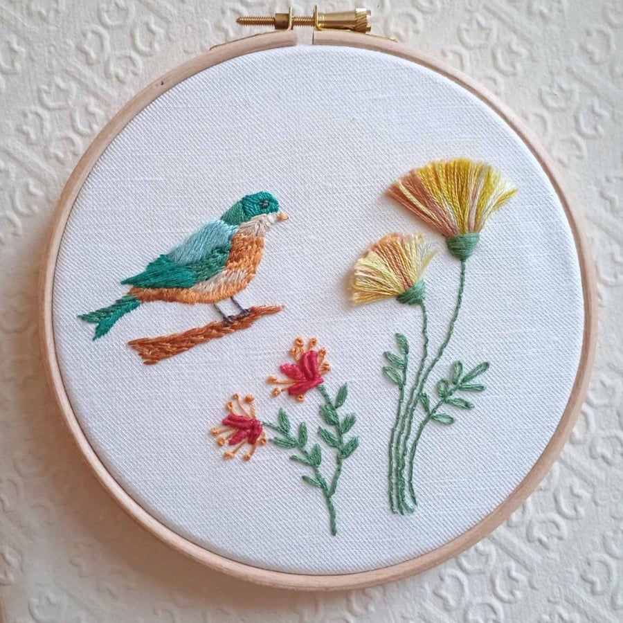 Bird with flowers embroidery art - hand embroidered picture