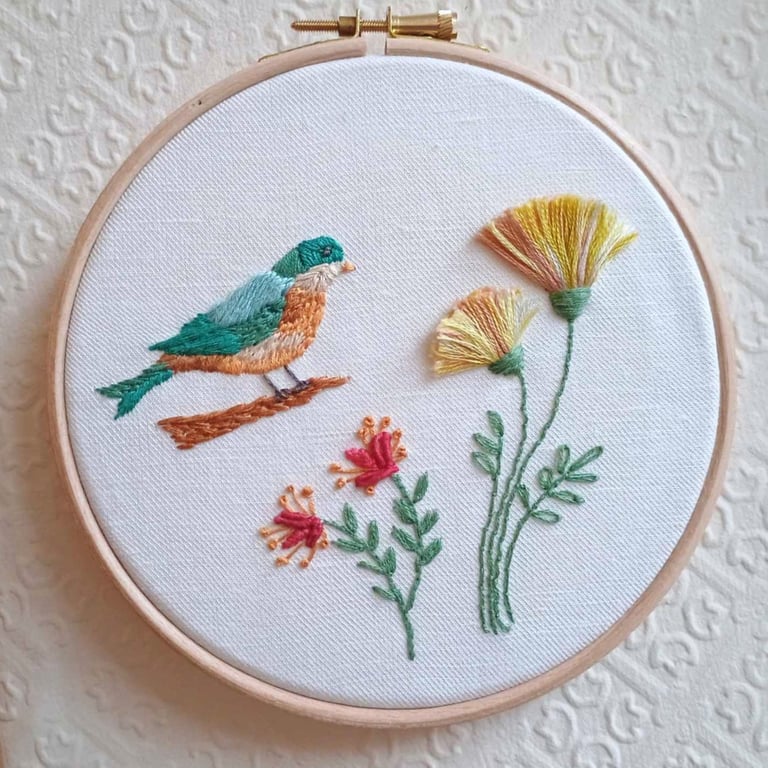 Bird with flowers embroidery art - hand embroidered picture
