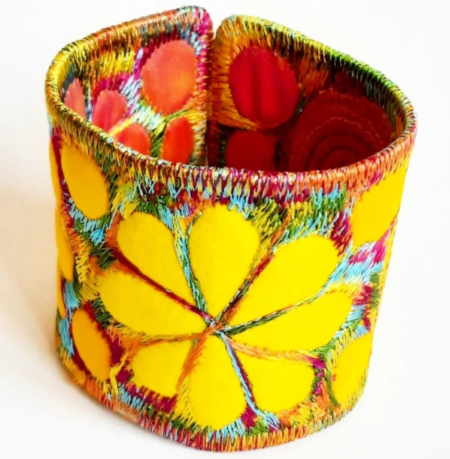 Cuff - Fabric Bracelet with Free Machine Embroidery 