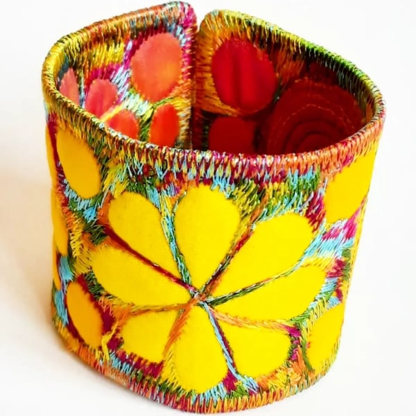 Cuff - Fabric Bracelet with Free Machine Embroidery 