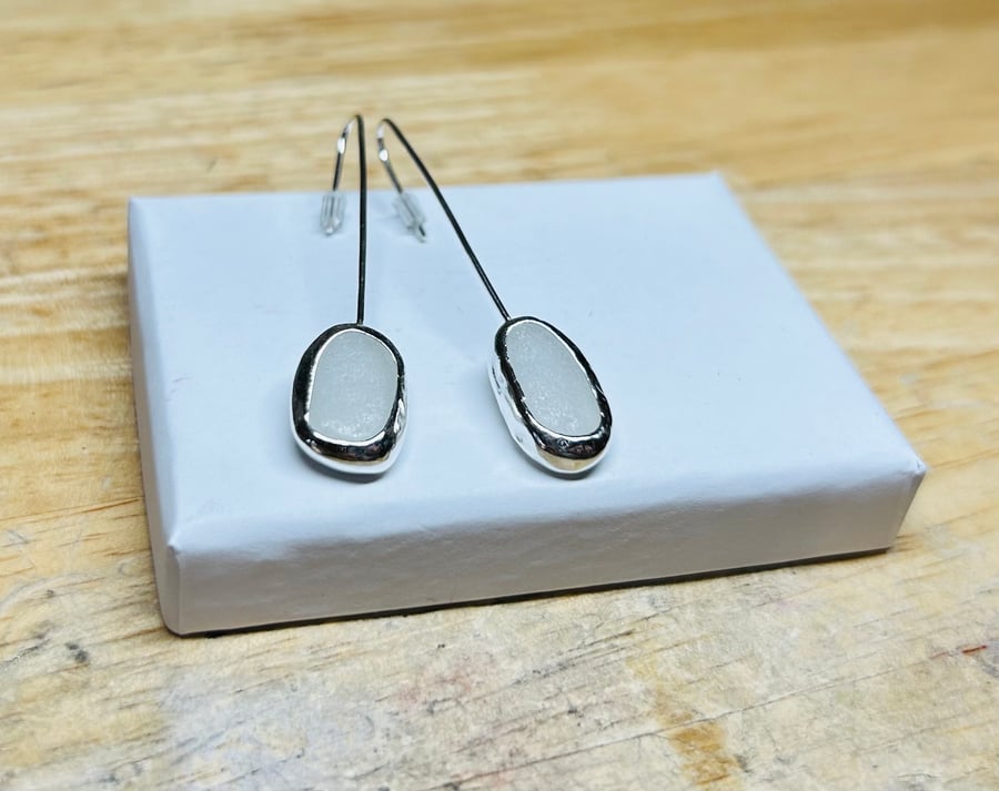 Handmade Sterling Silver & Beige Grey Welsh Sea Glass Stylish Drop Earrings