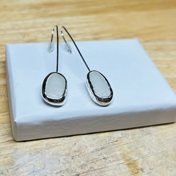Handmade Sterling Silver & Beige Grey Welsh Sea Glass Stylish Drop Earrings
