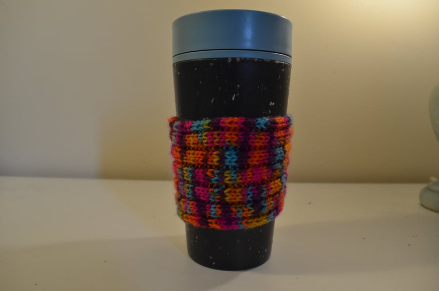 Vibrant multicoloured horizontal stripe cup cosy