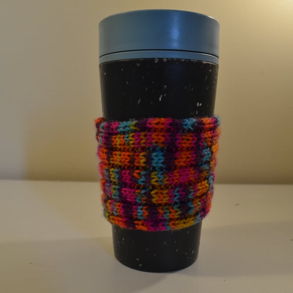 Vibrant multicoloured horizontal stripe cup cosy