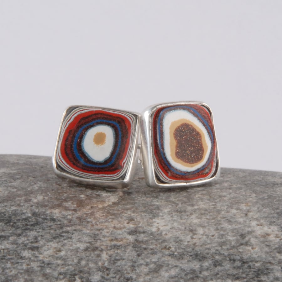 Larger sterling silver and fordite square stud earrings