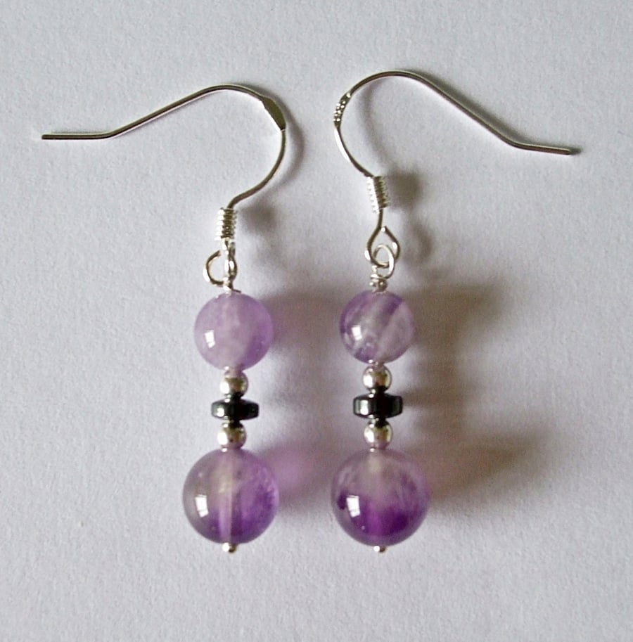 Amethyst, Haematite and Sterling Silver Drop Earrings