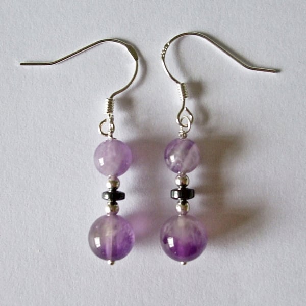 Amethyst, Haematite and Sterling Silver Drop Earrings