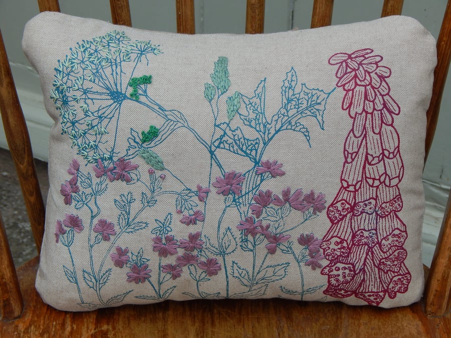 RESERVED Beige - Screen printed wild flower cushion 