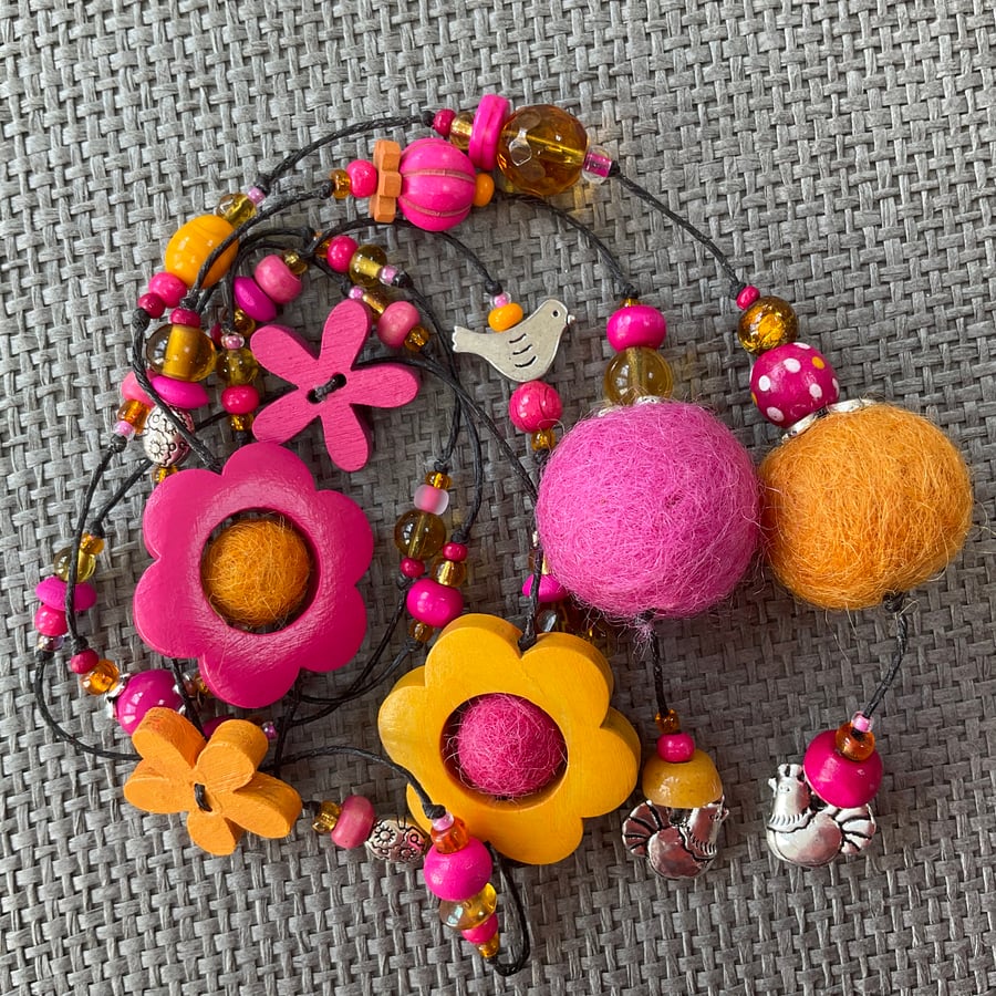“Hens - Pink & Yellow” lariat necklace