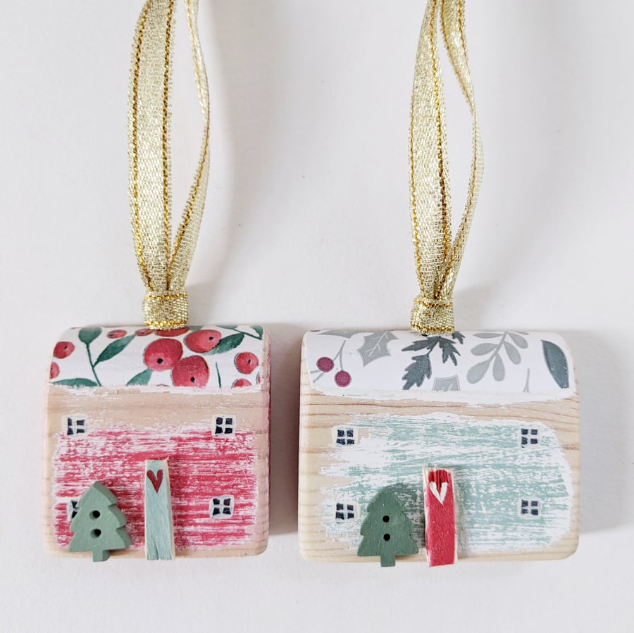 Set of 2 Painted Christmas House Hanging Decorations