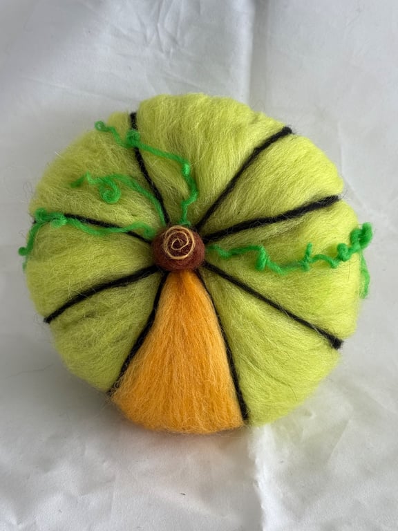 Bright Green Hand Felted Pumpkin with Orange Flash