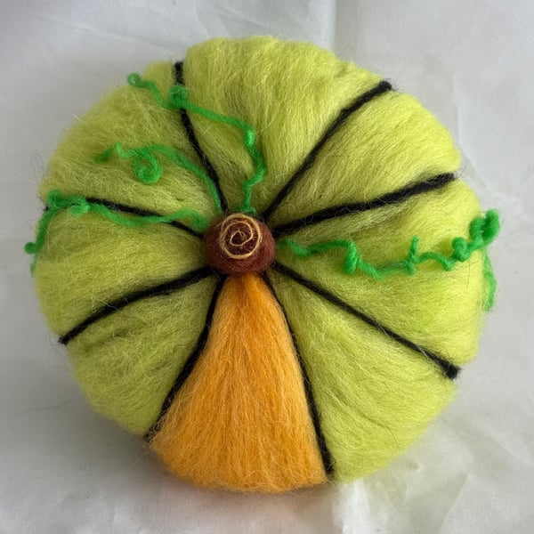 Bright Green Hand Felted Pumpkin with Orange Flash
